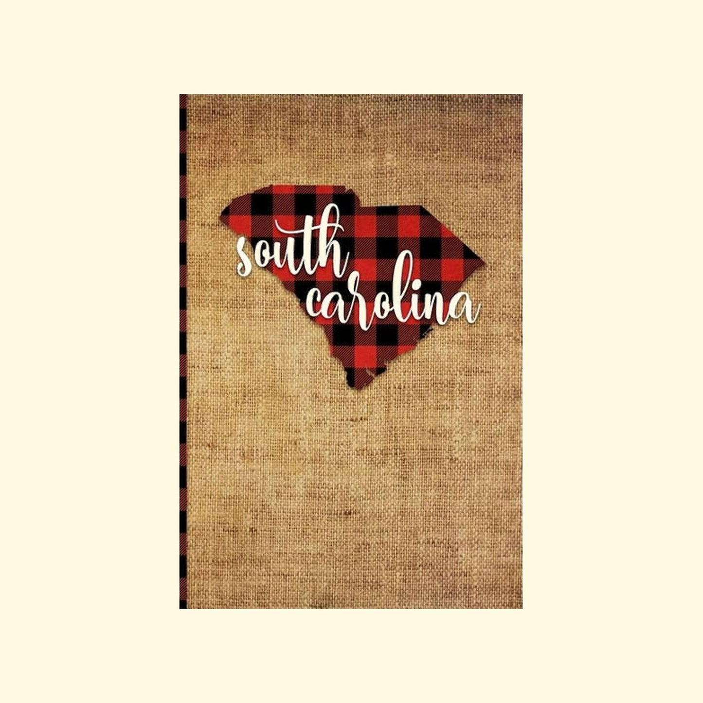 South Carolina state outline in red and black checkered pattern on burlap texture