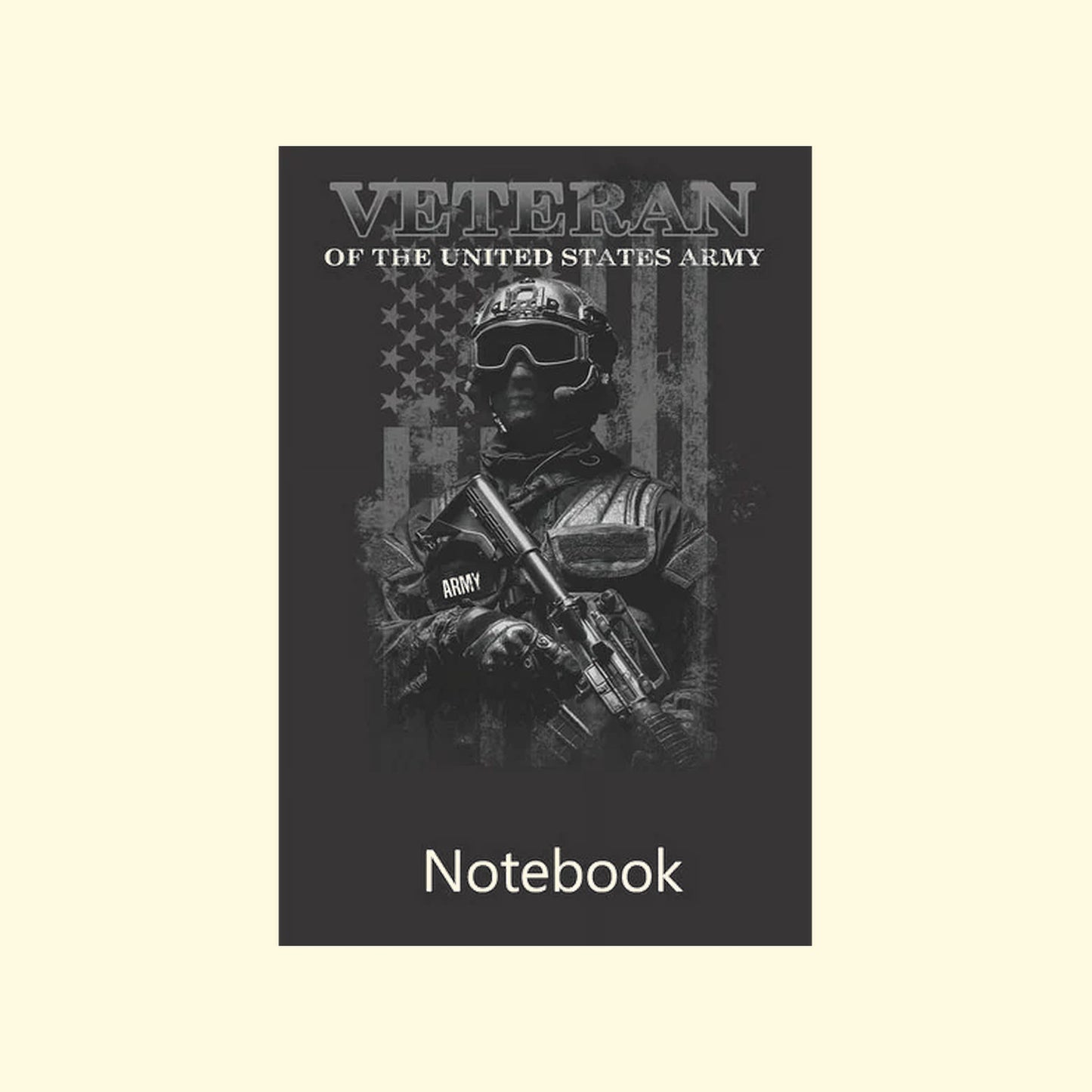 Notebook cover with a graphic of a soldier and text 'Veteran of the United States Army' on a dark background.