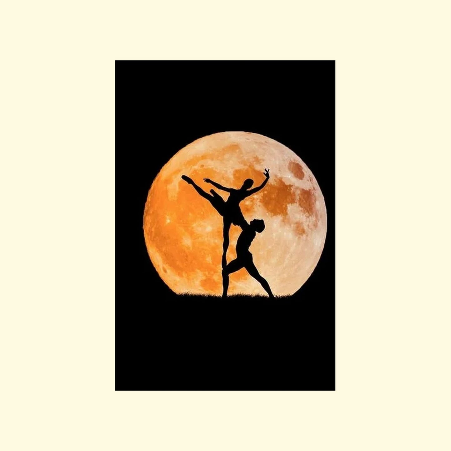 Two silhouettes of dancers against a large orange moon on a black background