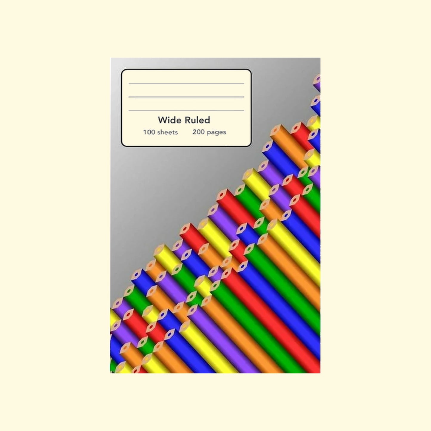 Notebook with wide ruled colorful pipe-like design on a gray background