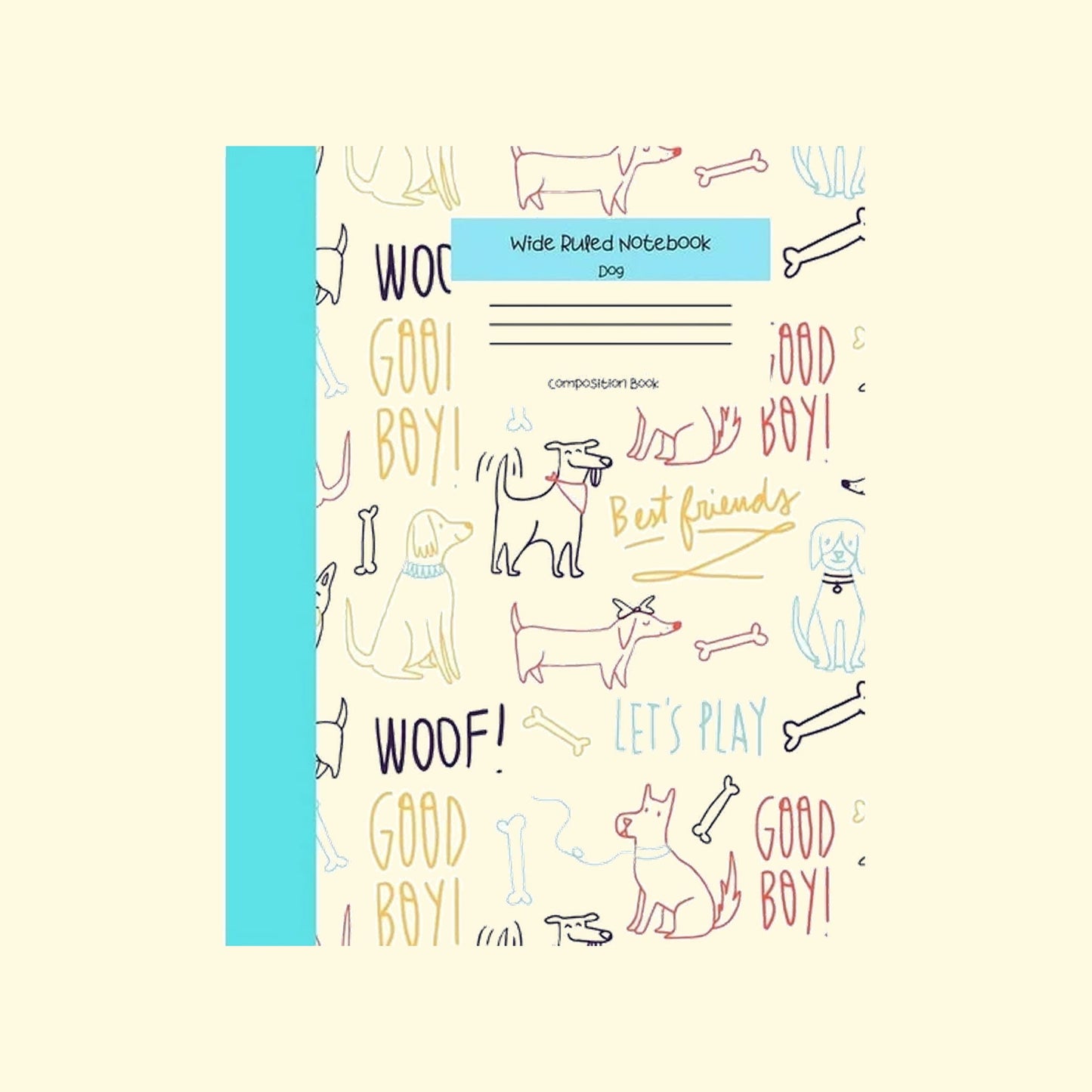 Wide ruled notebook with dog-themed design and blue spine on a beige background
