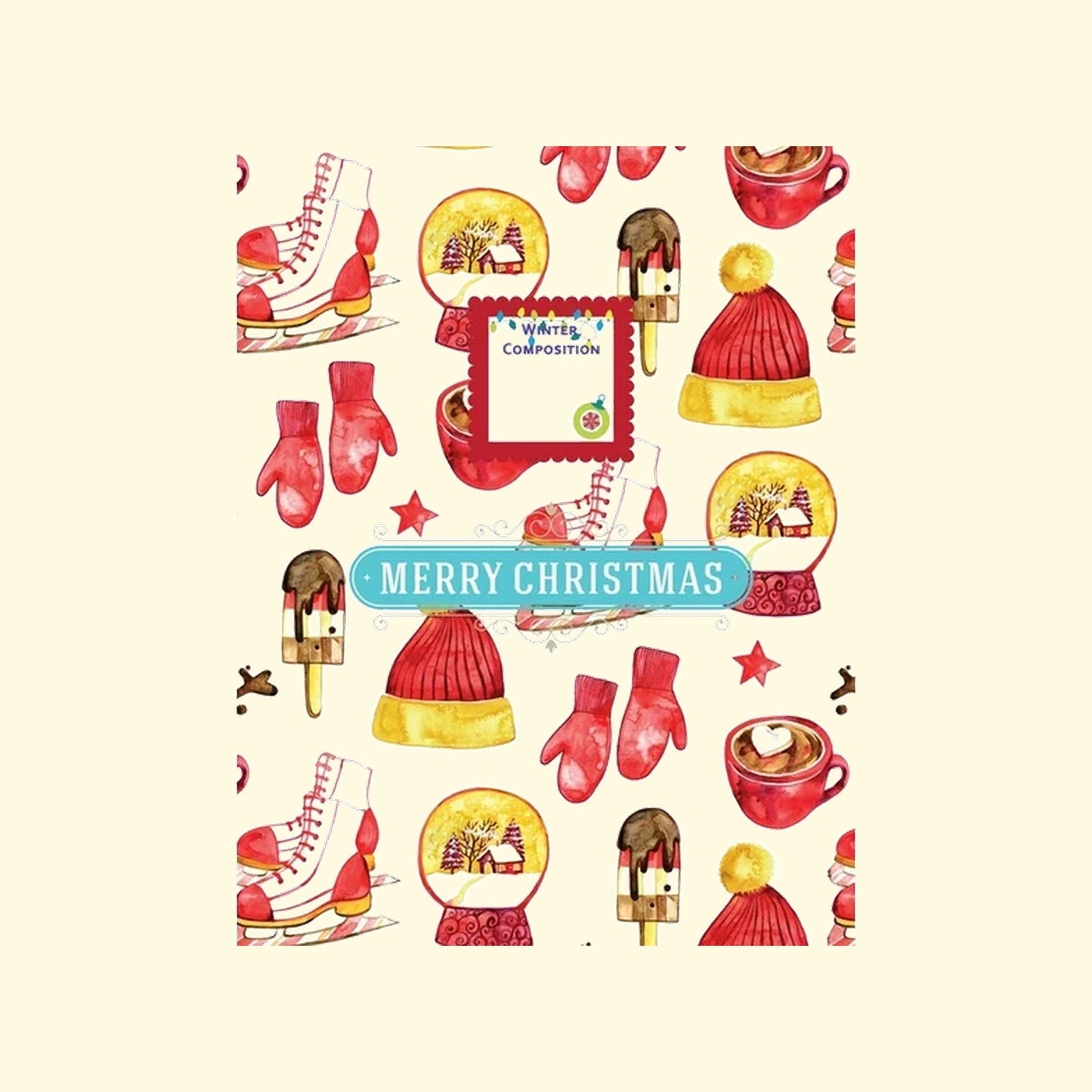 Illustrations of winter-themed items with 'Watty Composition' on a beige background, featuring text 'Merry Christmas'.