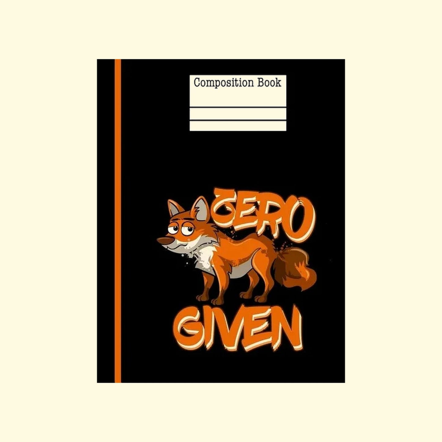 Composition book with a fox illustration and 'Cero Given' text on a beige background