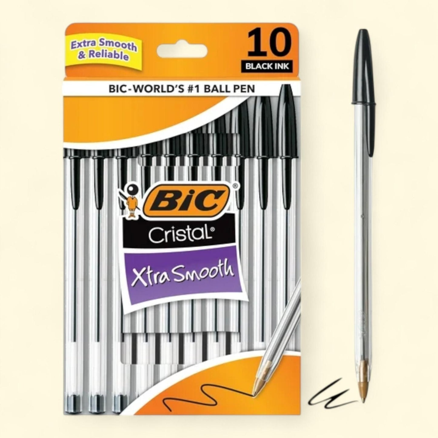 BIC Cristal Xtra Smooth Ballpoint Pen, Medium Point, 1.0 mm, Black Ink, 10 Count