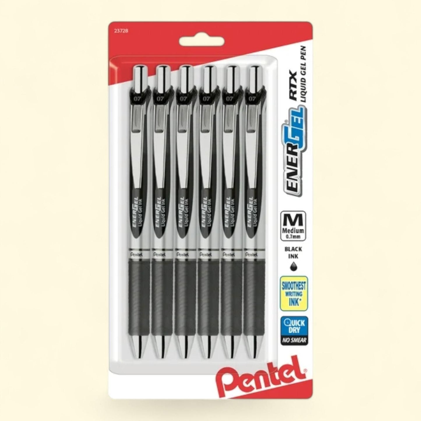 Pentel EnerGel RTX Gel Pen, Medium Line, Black Ink, 6 Pack