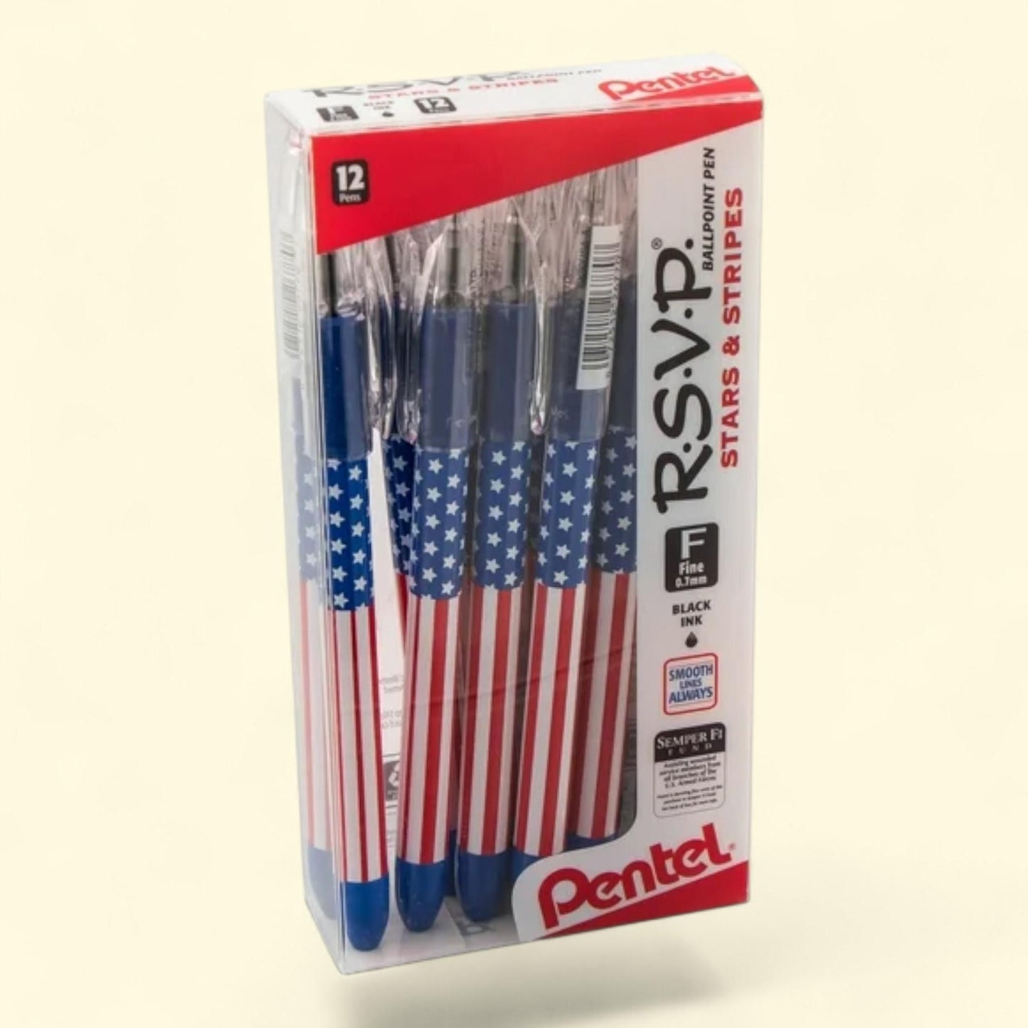 Pentel RSVP Ballpoint Pen, 0.7mm, Stars and Stripes Flag Barrel, Black Ink, 12 Pens