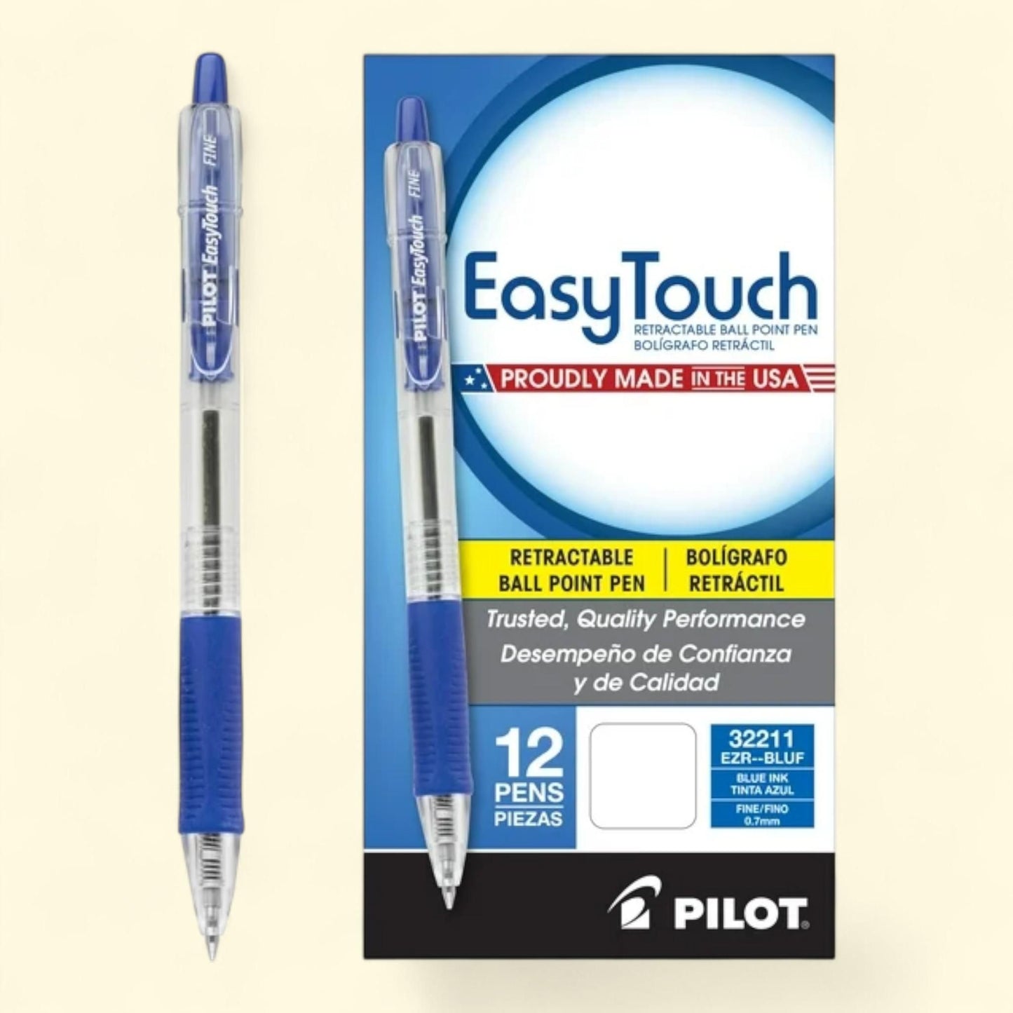 Pilot Easytouch Ballpoint Pen, Fine Point, Blue Ink, 12 Count