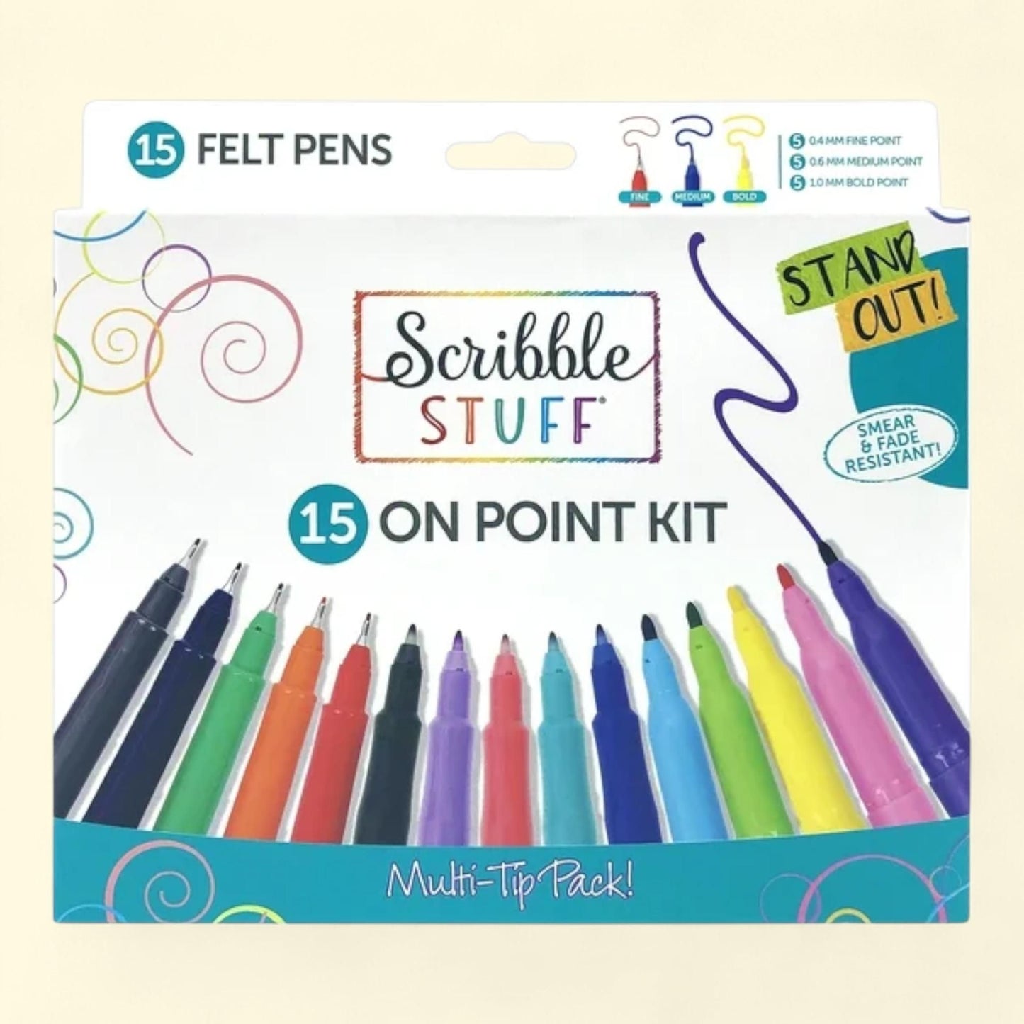 Scribble Stuff Felt Pens 15 Count, Assorted Tips, Quick-Dry Ink