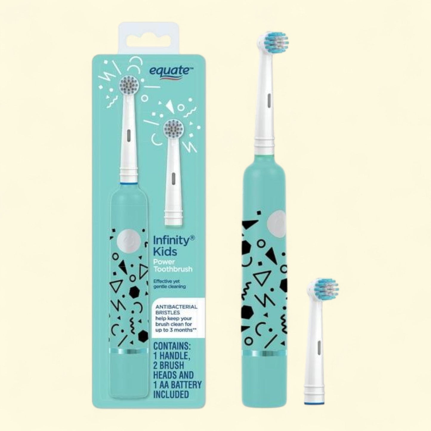 Equate Infinity Kids Toothbrush, Battery Power, Antibacterial Bristles, 1 Handle, 2 Brush Heads, 1 AA Battery