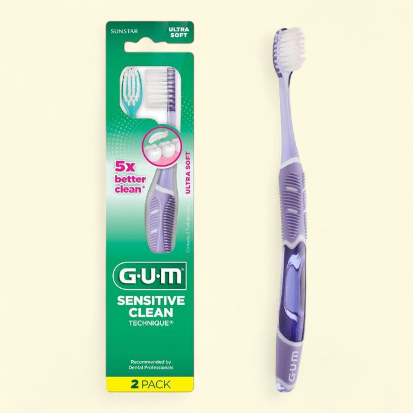 GUM Technique Sensitive Clean Toothbrush, Compact Head, Ultra Soft, 2 Count