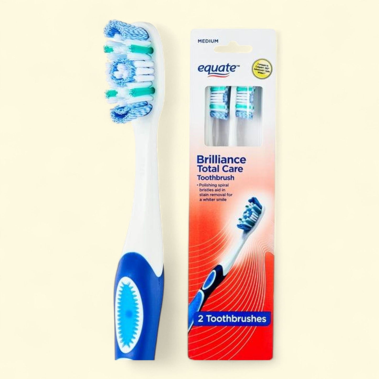 Equate Brilliance Toothbrushes, Medium Bristles (2 Count)