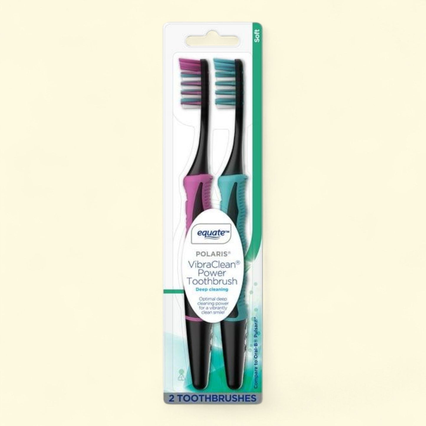 Equate Polaris Vibrating Toothbrush, Soft Bristles, 2 Count