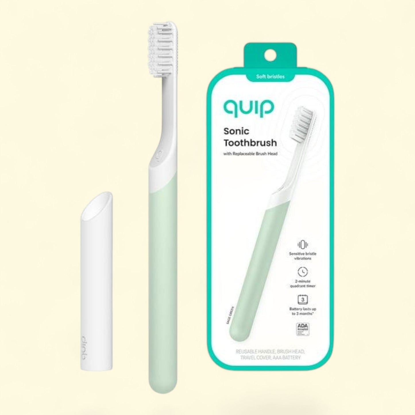 Quip Electric Toothbrush, Soft Bristles, Sage Green, Adult Size AAA battery