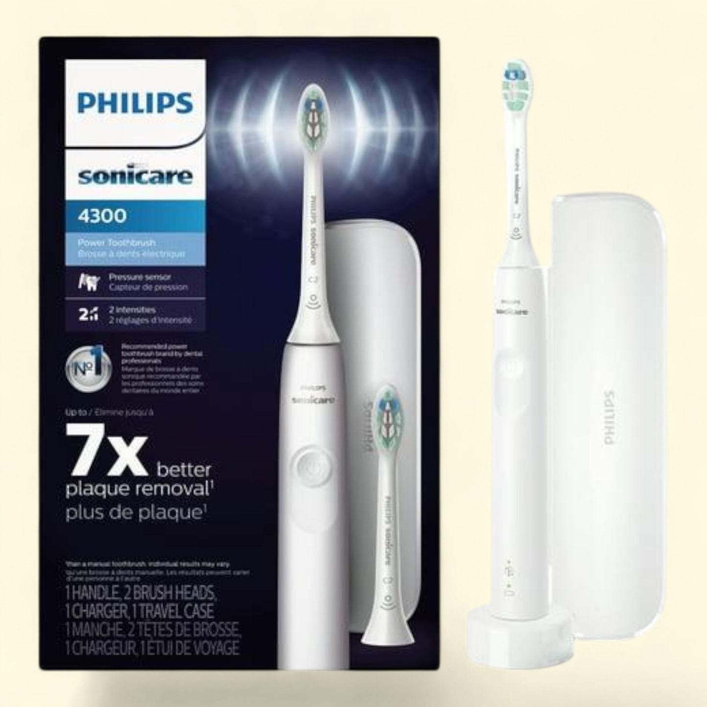 Philips Sonicare 4300 Power Rechargeable Electric Toothbrush, 2 Brush Heads, and Travel Case, HX3684/23
