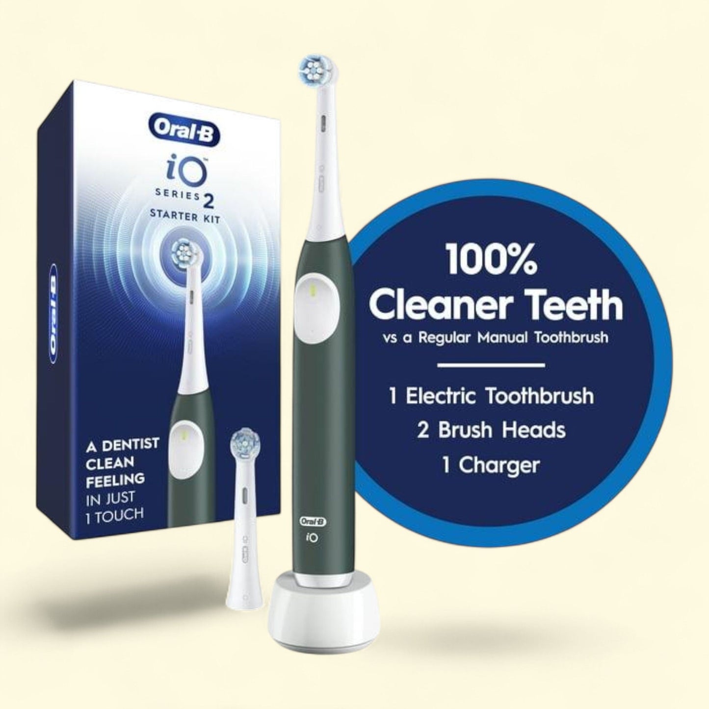 Oral-B iO Series 2 Electric Toothbrush Starter Kit, Forest Green, 2 Brush Heads, 3 Modes, 2 Min Timer