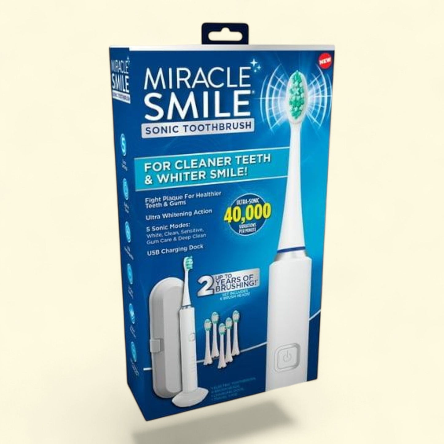 Miracle Smile Sonic Toothbrush, 5 Sonic Speeds, 6 Brush Heads, USB Charging Dock