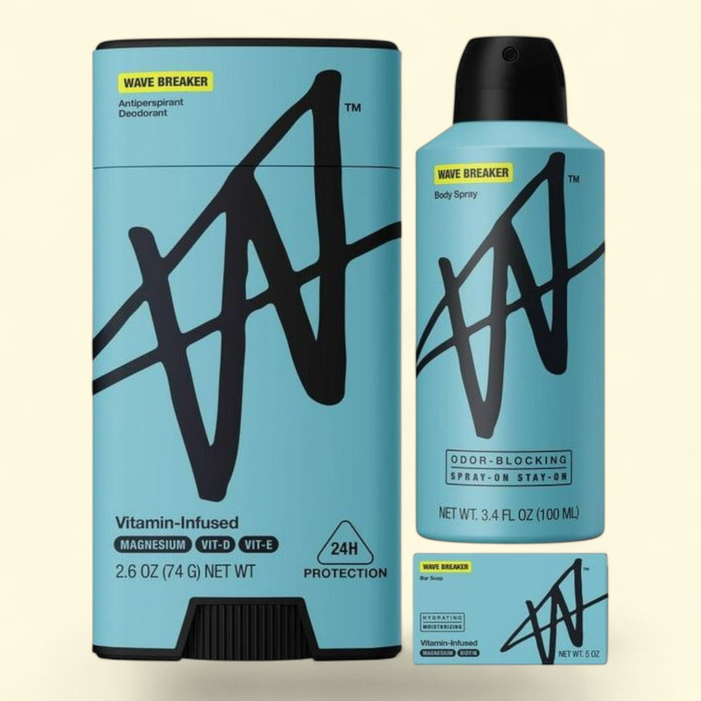 W by Jake Paul Wave Breaker Scent Bundle, Deodorant + Body Spray + Soap Bar, 3.4 oz