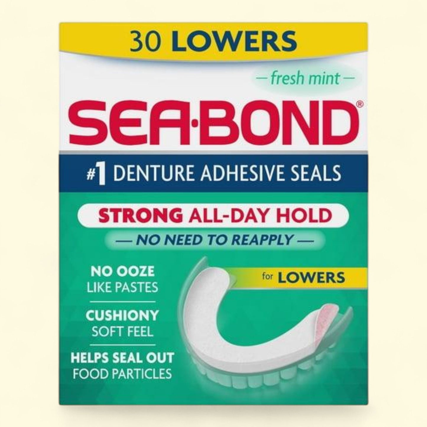 Sea Bond Lower Secure Denture Adhesive Seals, Fresh Mint Flavor, 30 Count