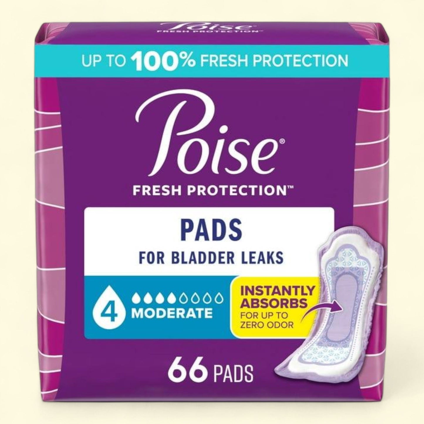 Poise Incontinence Pads for Women, 4 Drop Moderate Absorbency, Regular Length, 66 Count