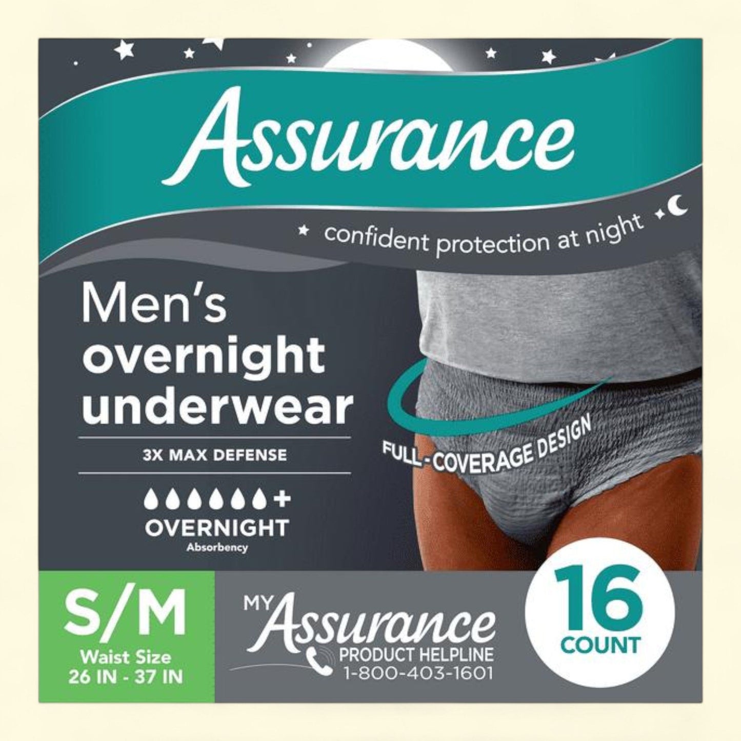 Assurance Men's Overnight Incontinence Underwear, S/M, 16 Count