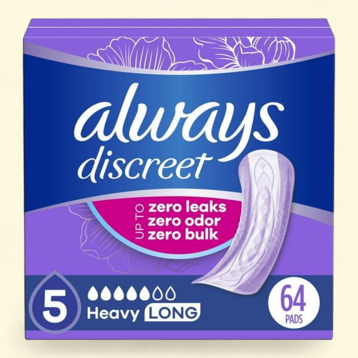 Always Discreet Incontinence Pads, Heavy Absorbency, Long Length, Lightly Scented 64 CT