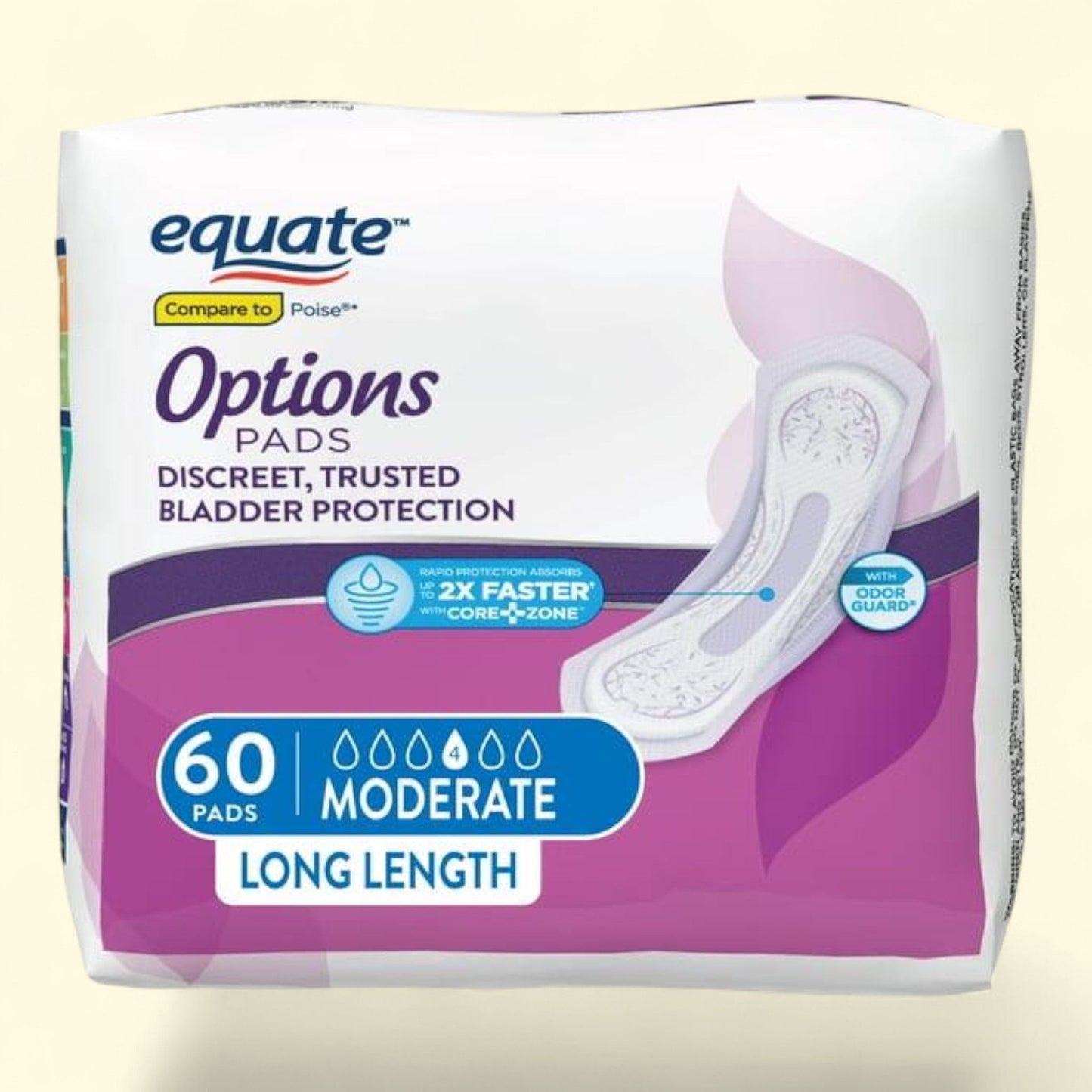 Equate Options Women's Incontinence Pads, Moderate Absorbency, Long Length (60 Count)