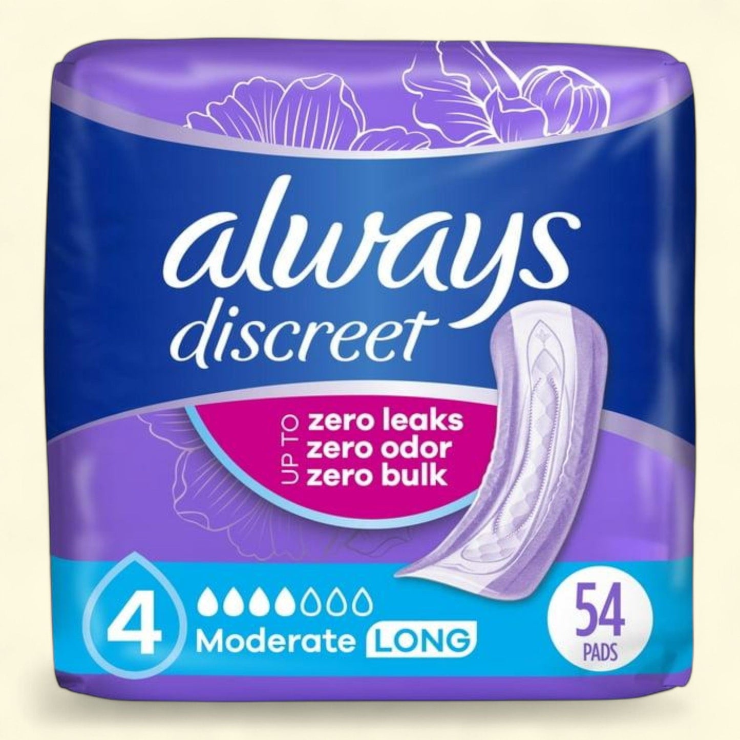 Always Discreet Incontinence Pads, Moderate Long, 54 Count