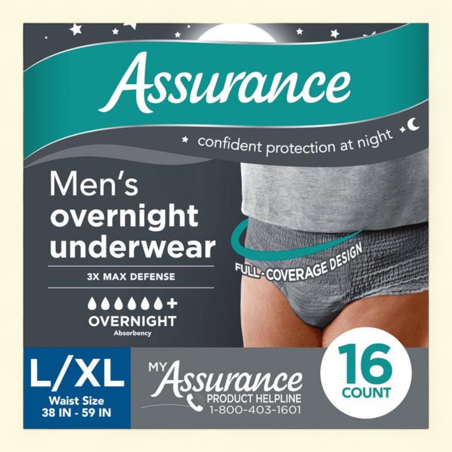 Assurance Men's Overnight Incontinence Underwear, L/XL, 16 Count