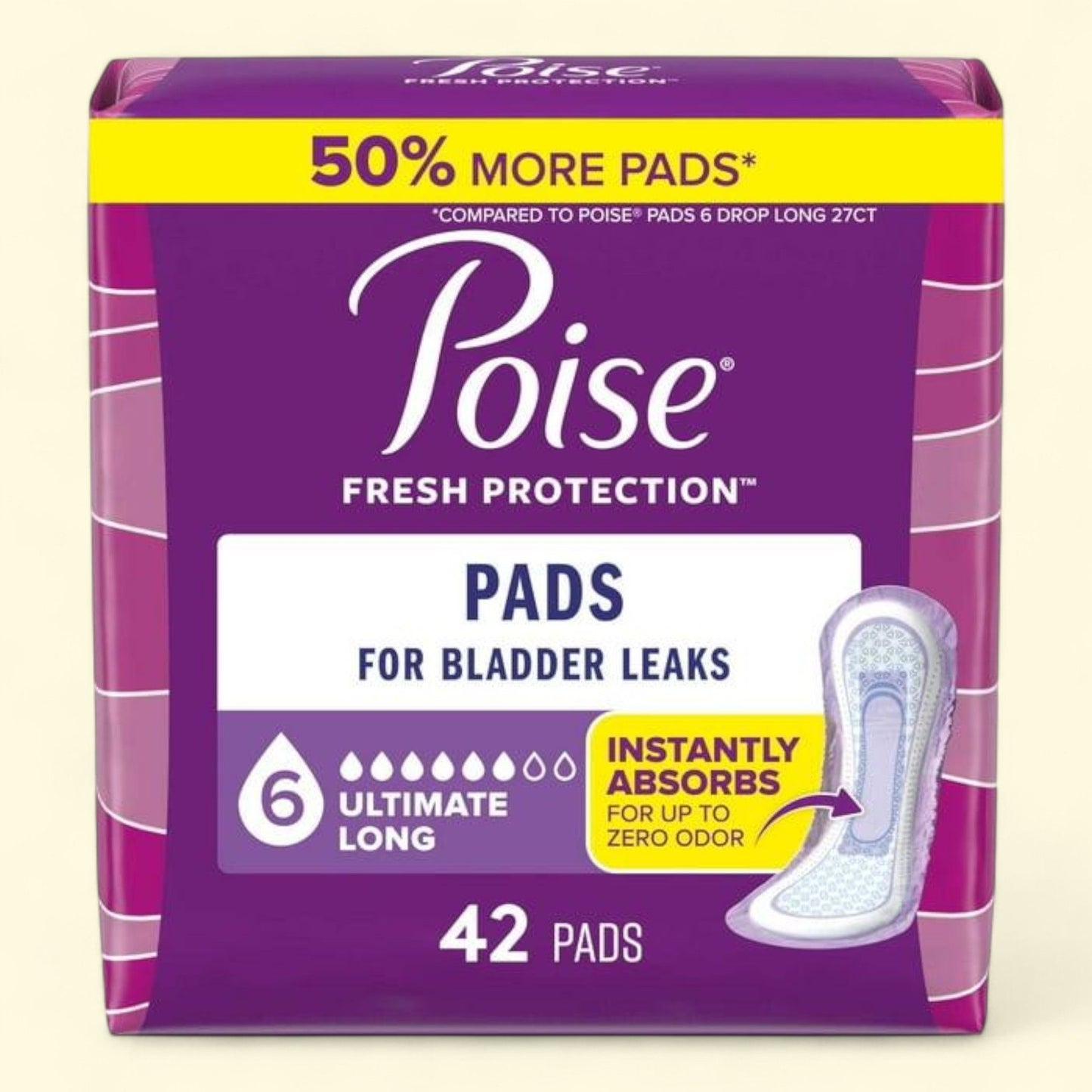 Poise Incontinence Pads, 6 Drop Ultimate Absorbency, Long Length, 42 Count