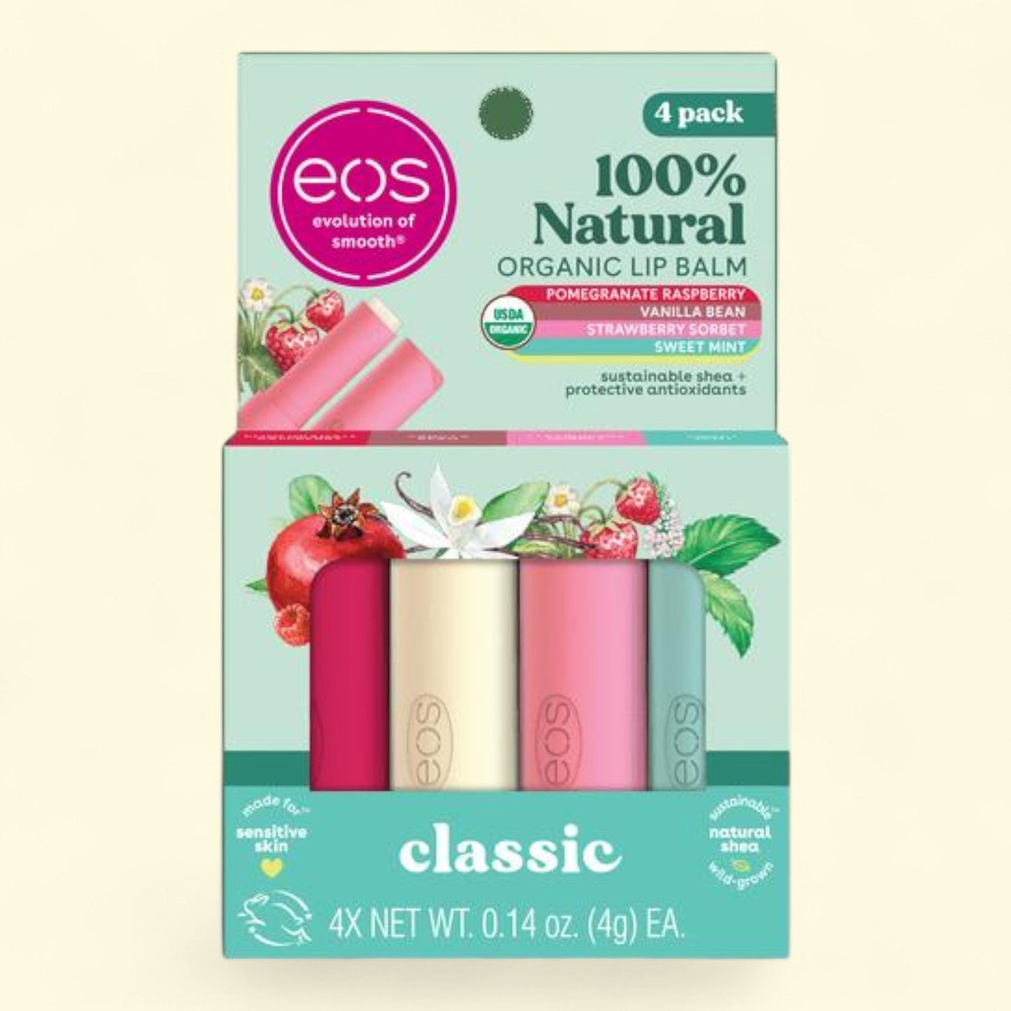 Eos Lip Balm Sticks, Variety Pack, 0.14 oz, 4 Per Pack