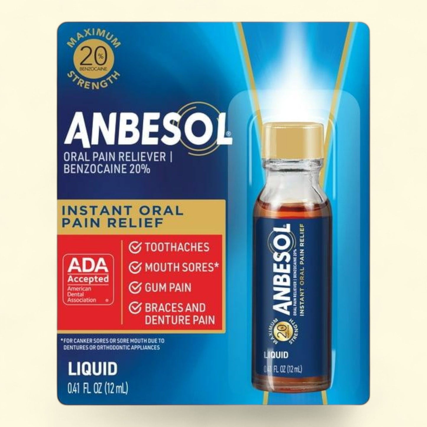 Anbesol Oral Pain Relief, Benzocaine Liquid Maximum Strength, 0.41 fl oz