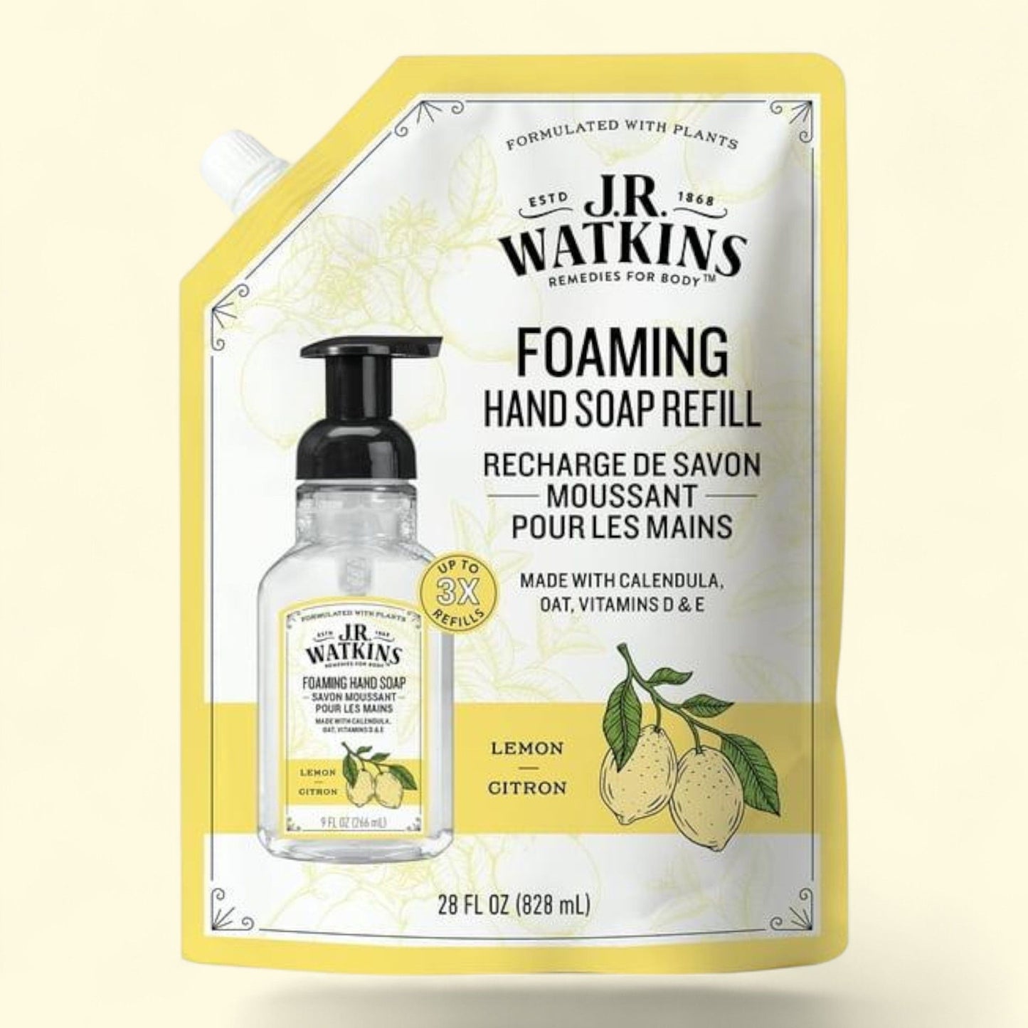 J.R. Watkins Foaming Hand Soap Refill, Lemon, 28 fl oz