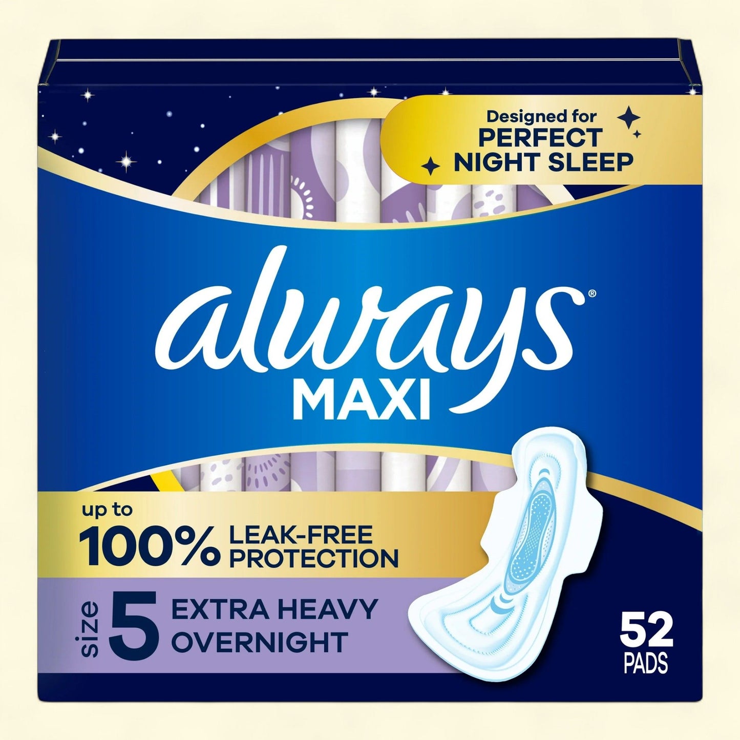 Always Maxi Overnight Pads with Wings, Size 5, 52 Count