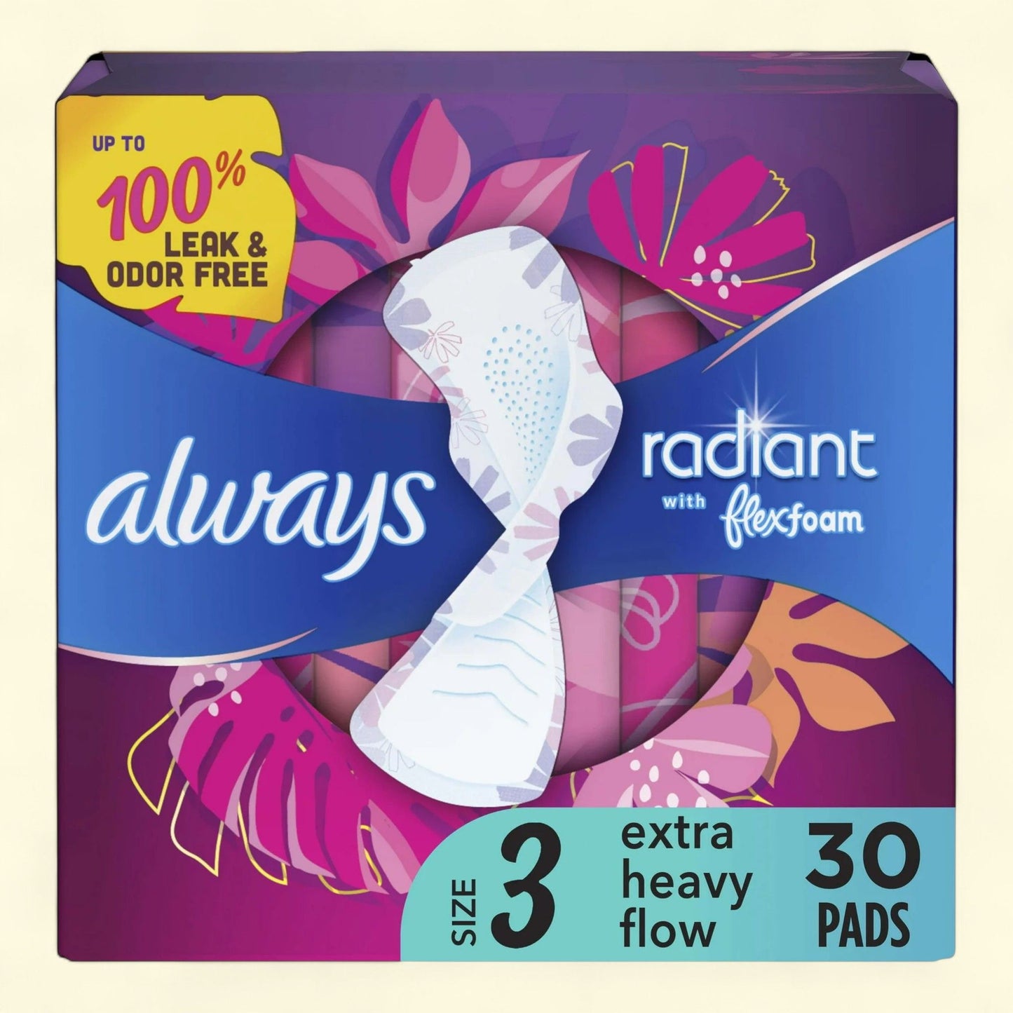 Always Radiant Feminine Pads with Wings, Size 3, 30 CT
