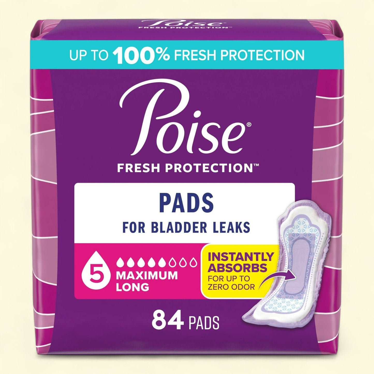 Poise Incontinence Pads, 5 Drop Maximum Absorbency, Long Length, 84 Count