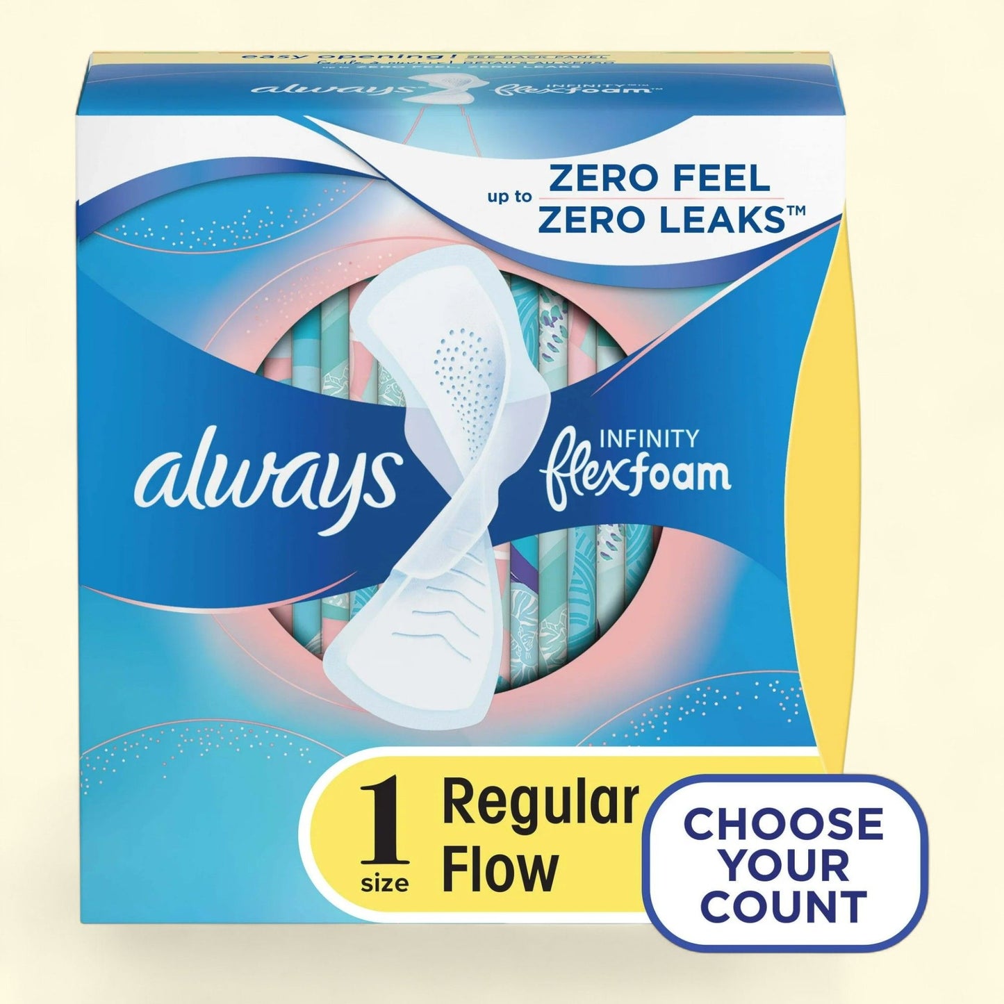 Always Infinity Feminine Pads with Wings, Size 1, Regular Absorbency, Unscented, 36 Count