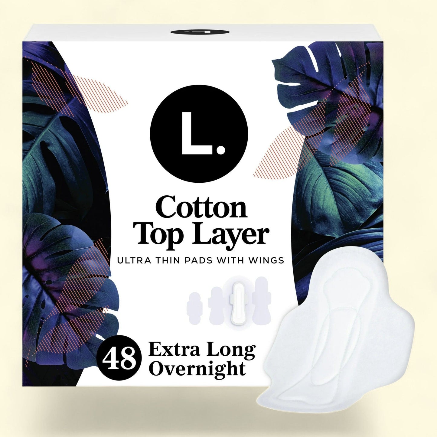 L. Ultra Thin Pads, Overnight Absorbency, Organic Cotton Top Layer, Unscented Pads with Wings, 48 CT