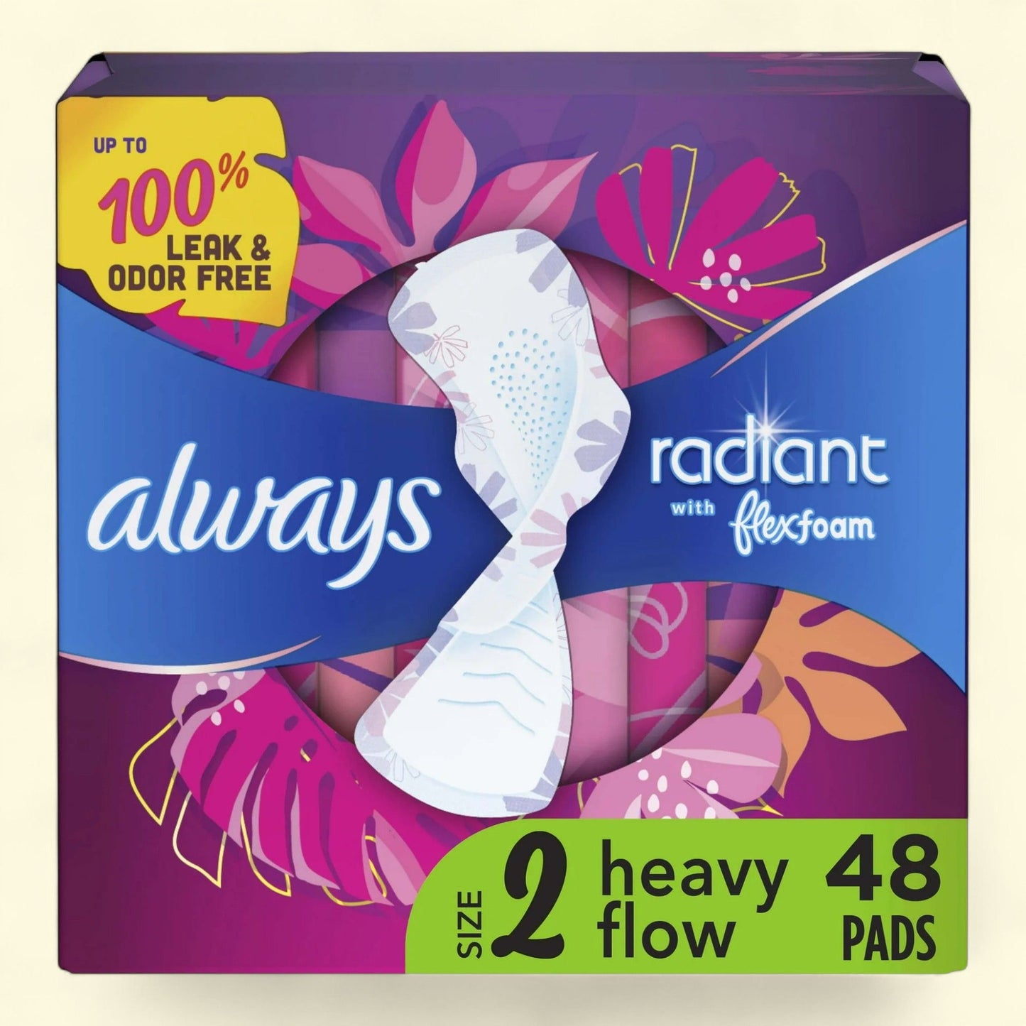 Always Radiant Feminine Pads with Wings, Size 2, 48 CT