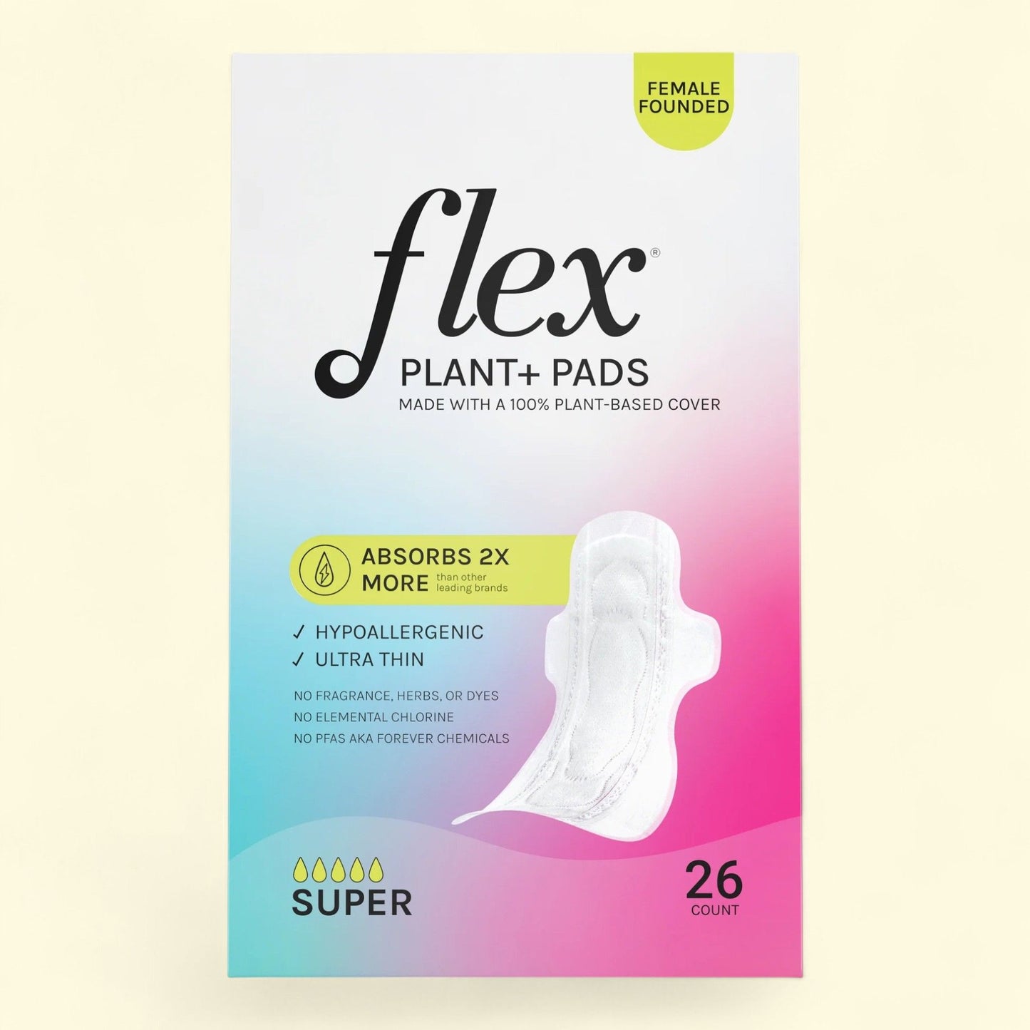 Flex Plant+ Pads with Wings, Super, Heavy Absorbency, Ultra Thin, Unscented, 26 Count, Hypoallergenic