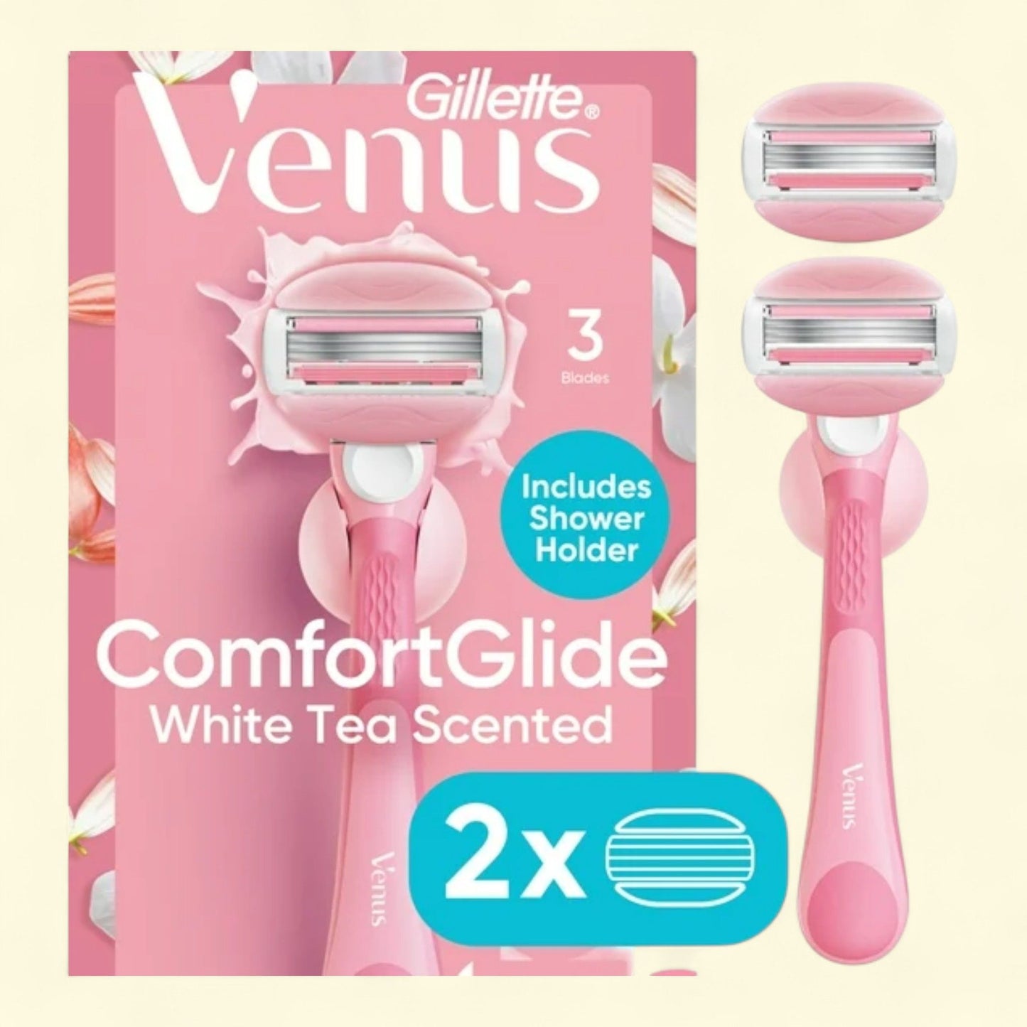 Venus ComfortGlide Razor, 3 blades, Manual, Handle and 2 Blade Refills, Pink, 1 pack