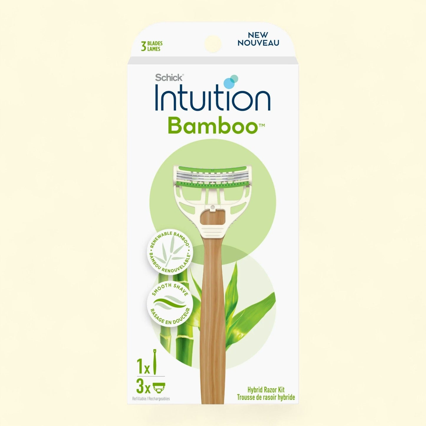 Rasoir pour femme Schick Intuition Bamboo à 3 lames, avec manche et 3 cartouches de rechange, rasage tout en douceur, bambou renouvelable, 1 paquet