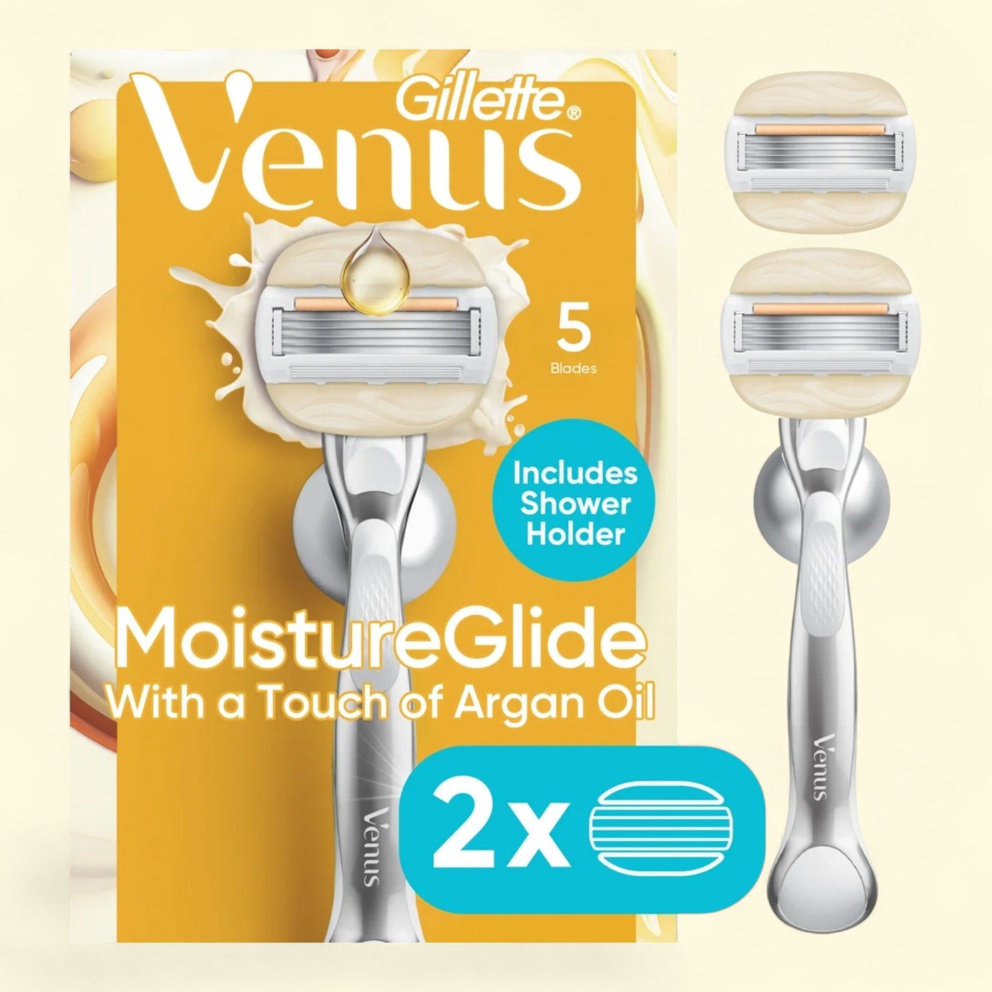 Rasoir pour femmes Venus Moistureglide, 2 recharges de lames, manche réutilisable, support de douche, 1 paquet