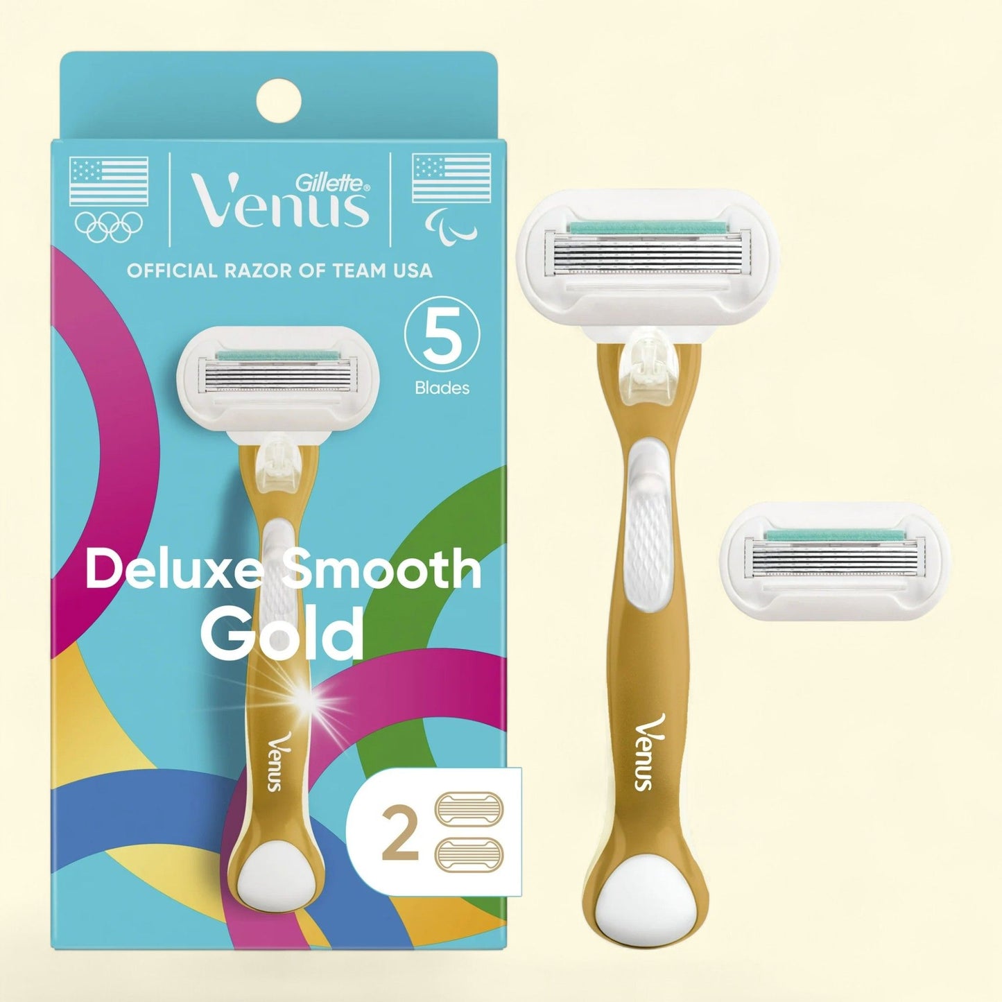 Venus Gold Razor, Venus Deluxe Smooth Gold Women's Razor Handle + 2 Blade Refills, 1 pack
