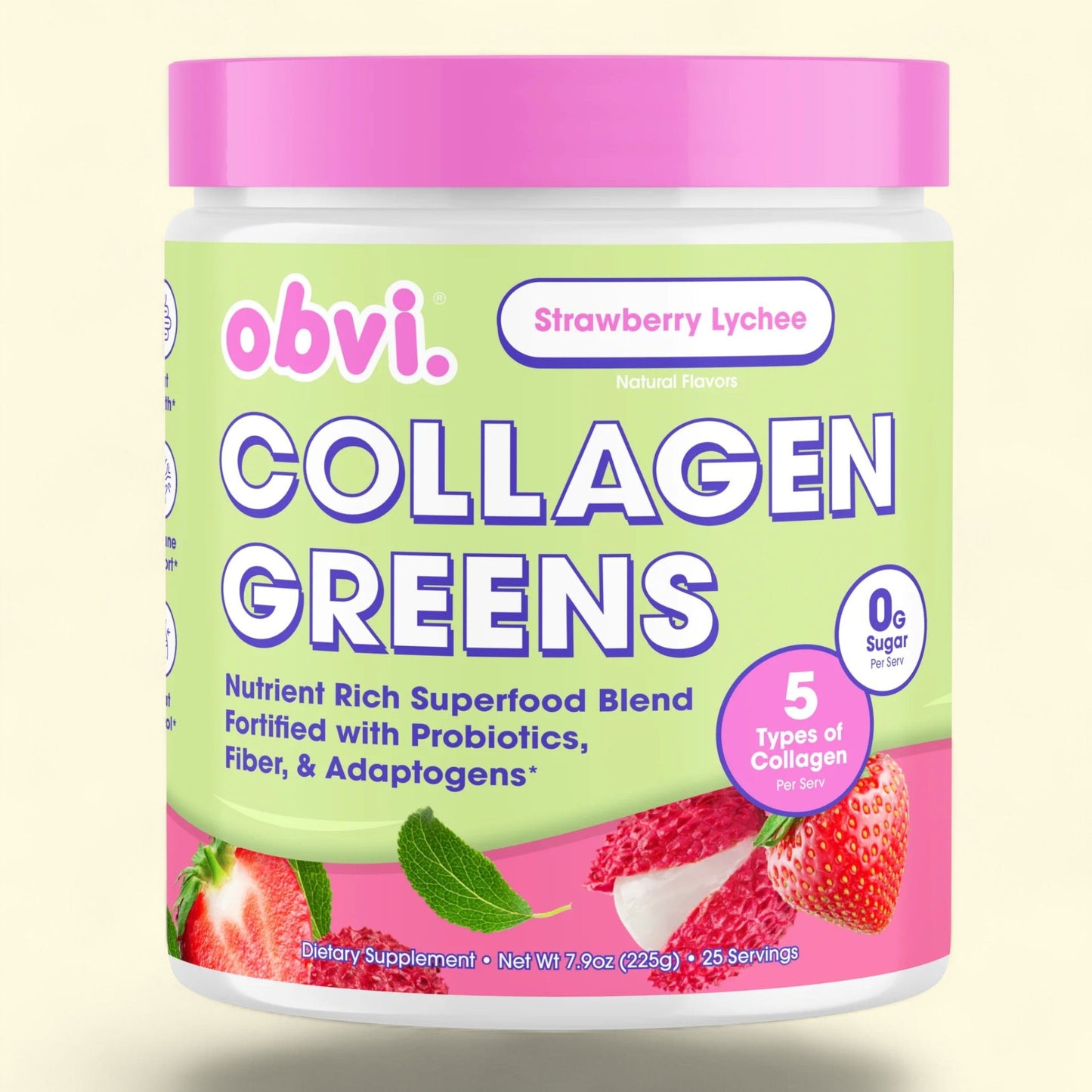 Obvi Collagen Greens, Strawberry Lychee, 25 Servings (225g)