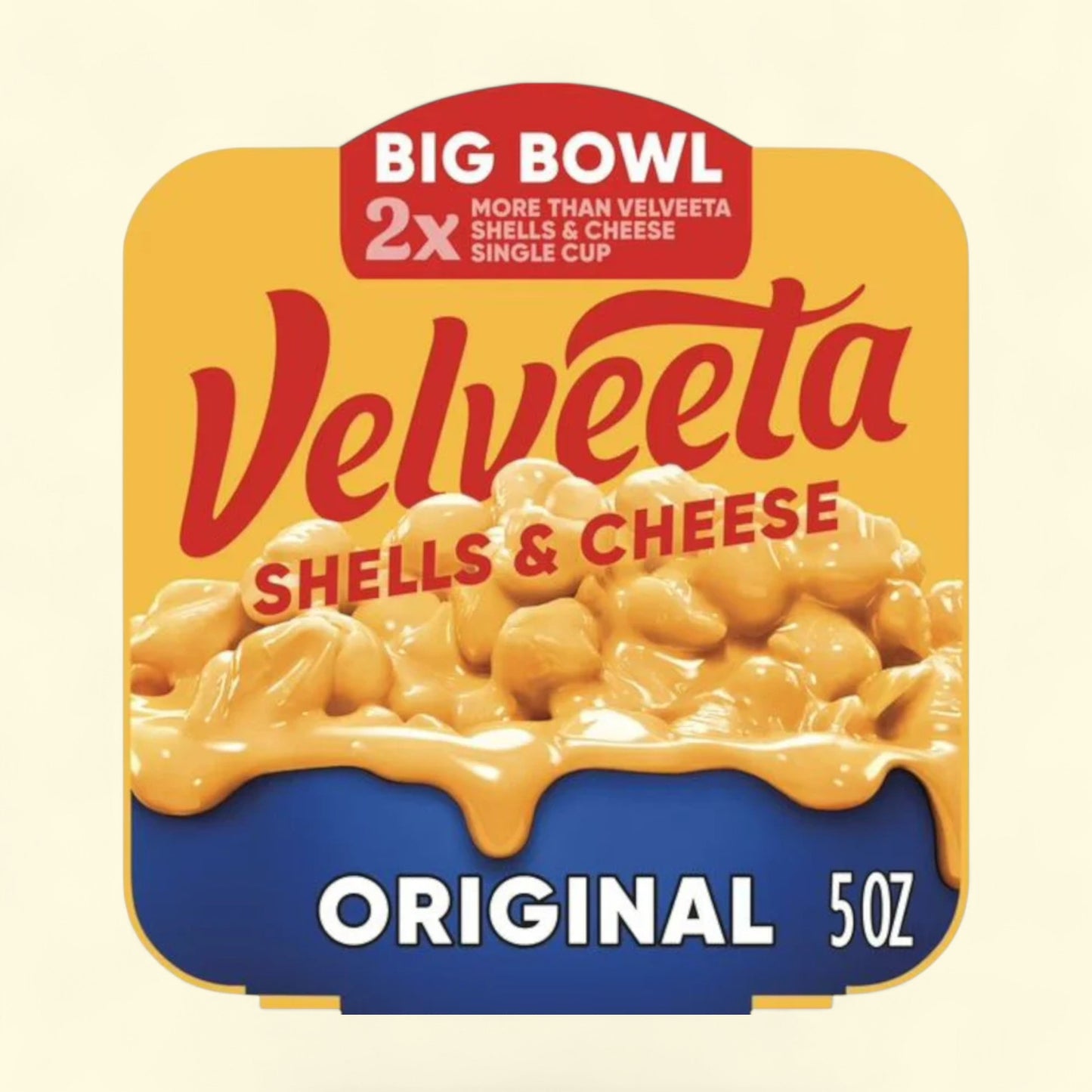 Velveeta Shells & Cheese packaging with yellow and blue design