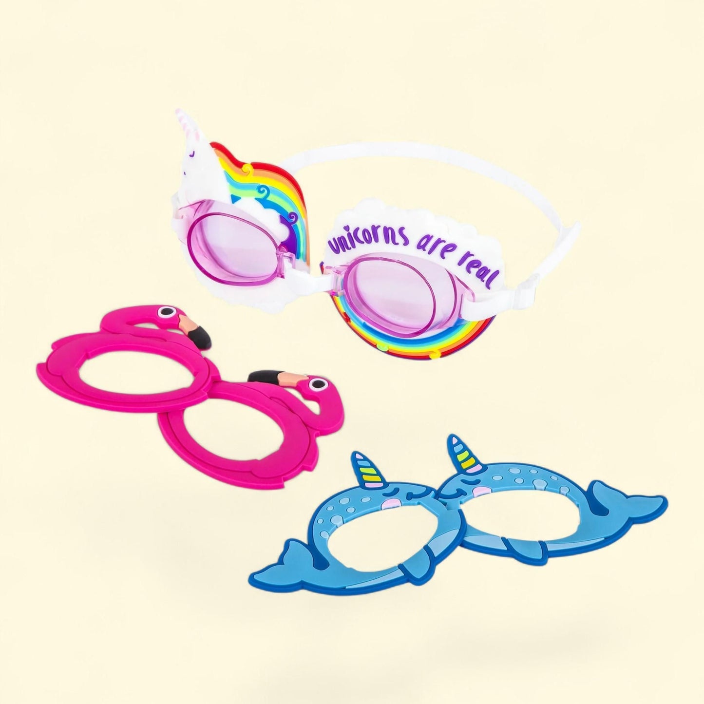EyePop Swim Goggle Set, 3 Characters-in-1, Children's, Multi-Color, Unicorn, Narwhals, Flamingo, Unisex