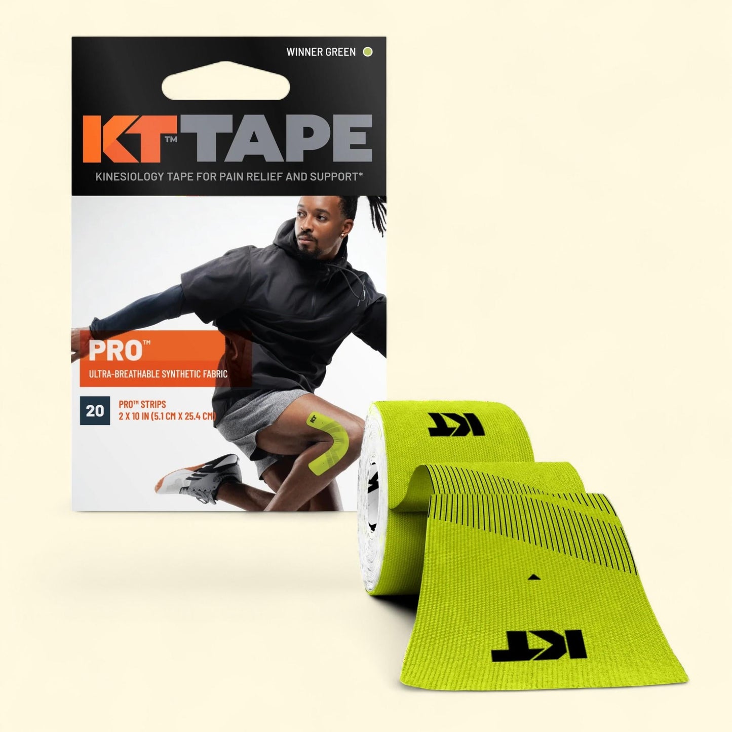 KT Tape Winner Green Pro Synthetic Kinesiology Tape, 20 Precut Strips