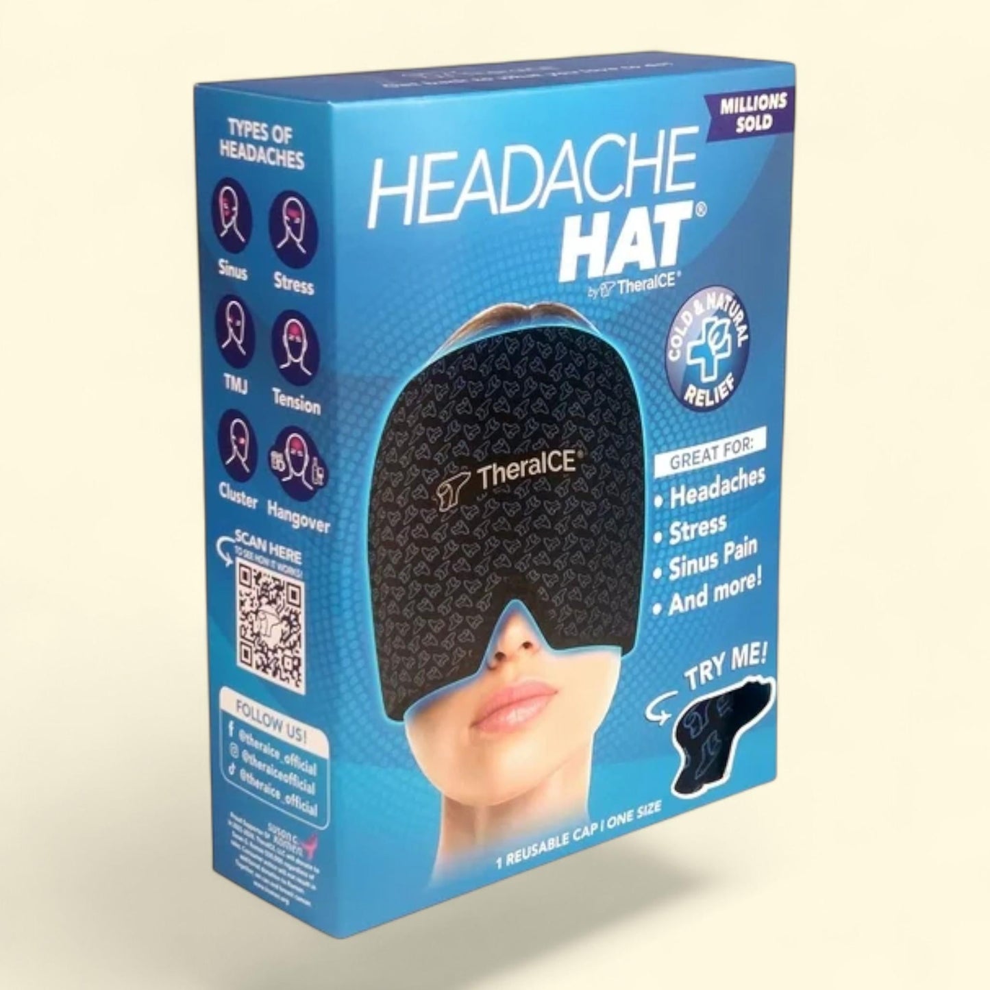 TheraICE Migraine Relief Cap, Headache Hat Ice Pack Mask, Cold Compress Cooling Gel Head Wrap, 1 ct