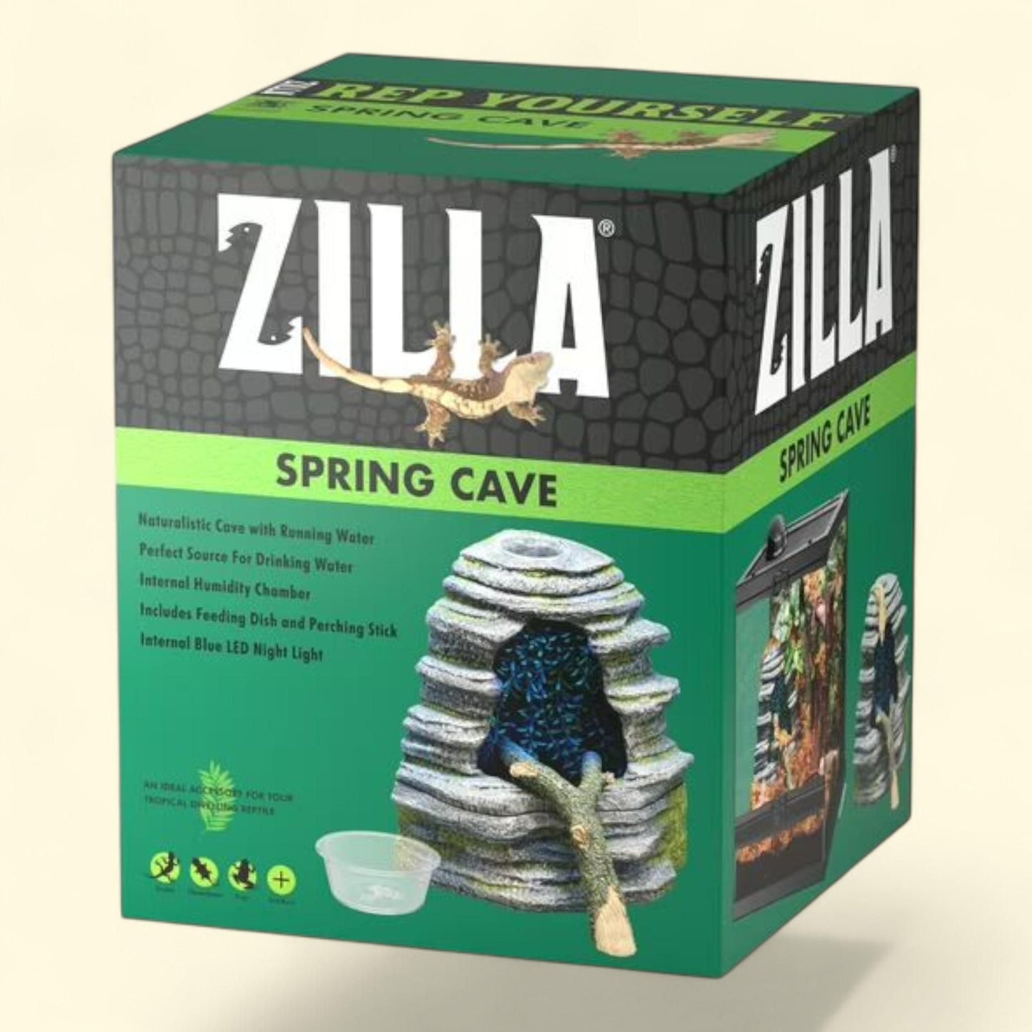 Décoration pour terrarium Zilla Spring avec chambre de pluie à LED bleues, cascade pour reptiles, goutteur pour terrarium, fontaine d'eau pour geckos, caméléons, grenouilles et autres, lot de 1