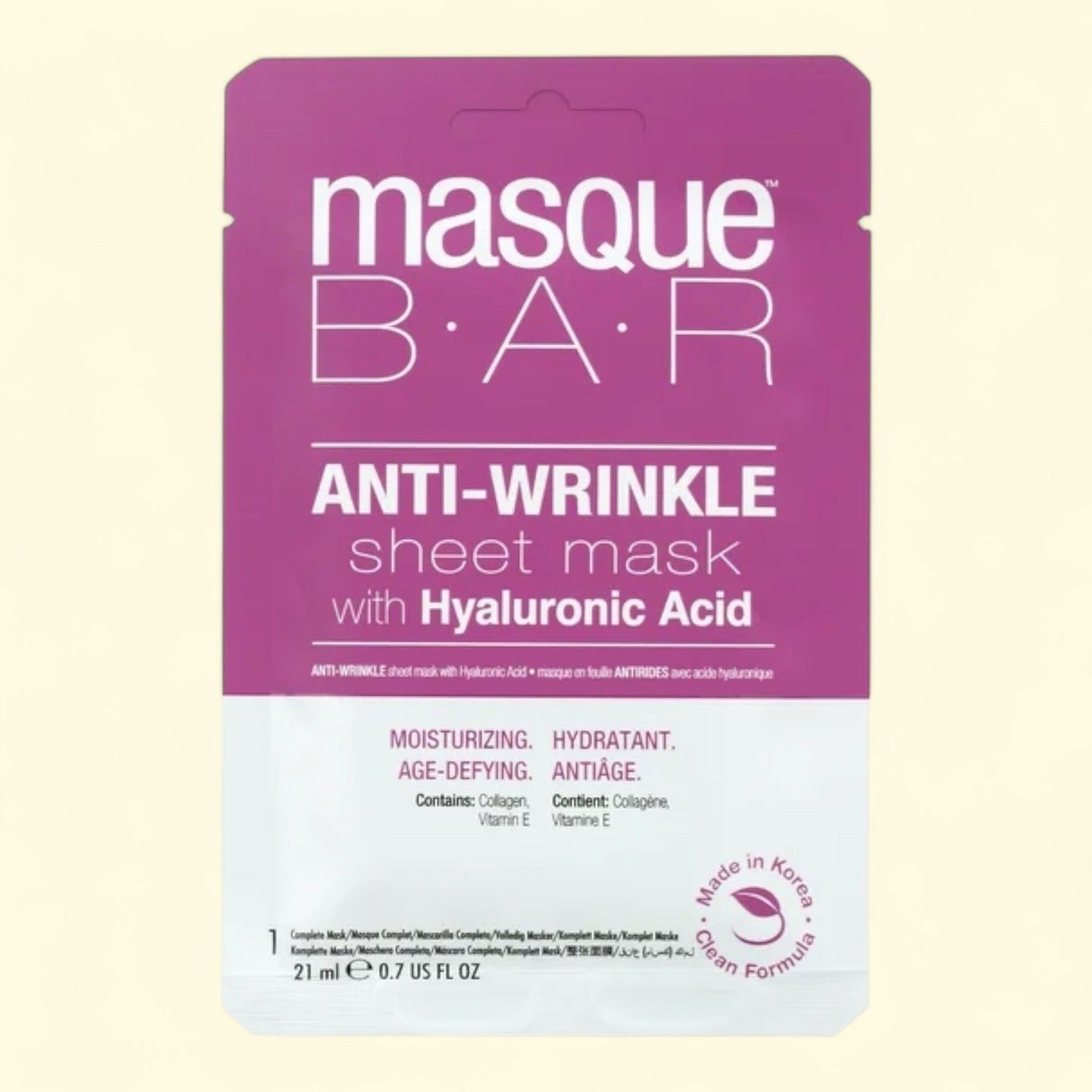 Masque Bar Anti Wrinkle Sheet Mask, Hyaluronic Acid, 21ml